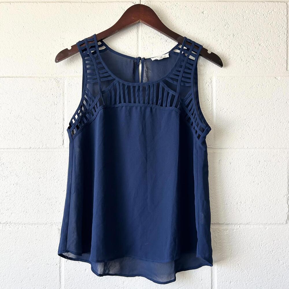 Mine Blue Sheer Cage Sleeveless Blouse Top Women's Medium